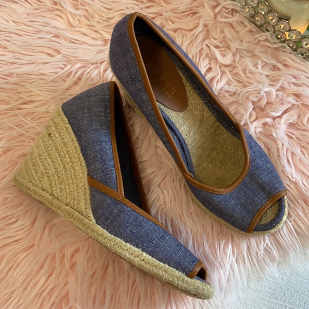 Ralph Lauren LRL Chambray Espadrilles Denim Wedge Heels Sandal Sz 7.5